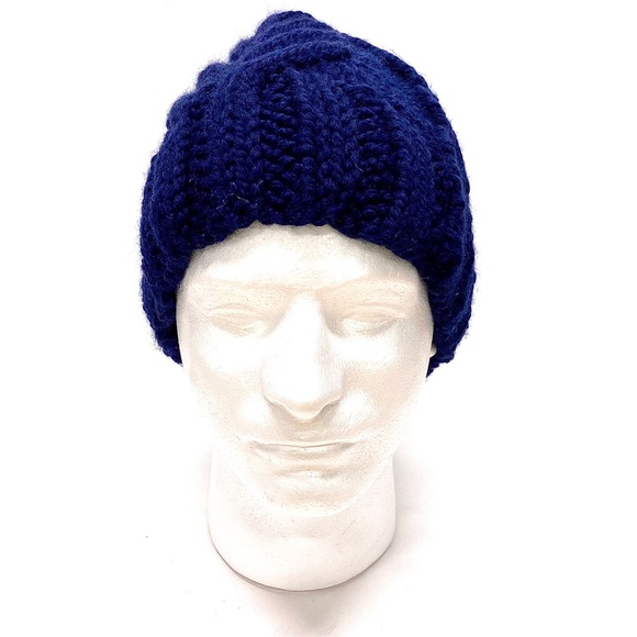 Hand Knit Chunky Beanie with Antler Cable Design in Navy One Size Fits Most - Picture 3 of 7
